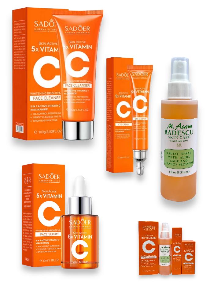 KIT DE CUIDADO FACIAL VITAMINA C SADOER Y M.ASAM, JABON, CONTORNO, SERUM Y TONICO